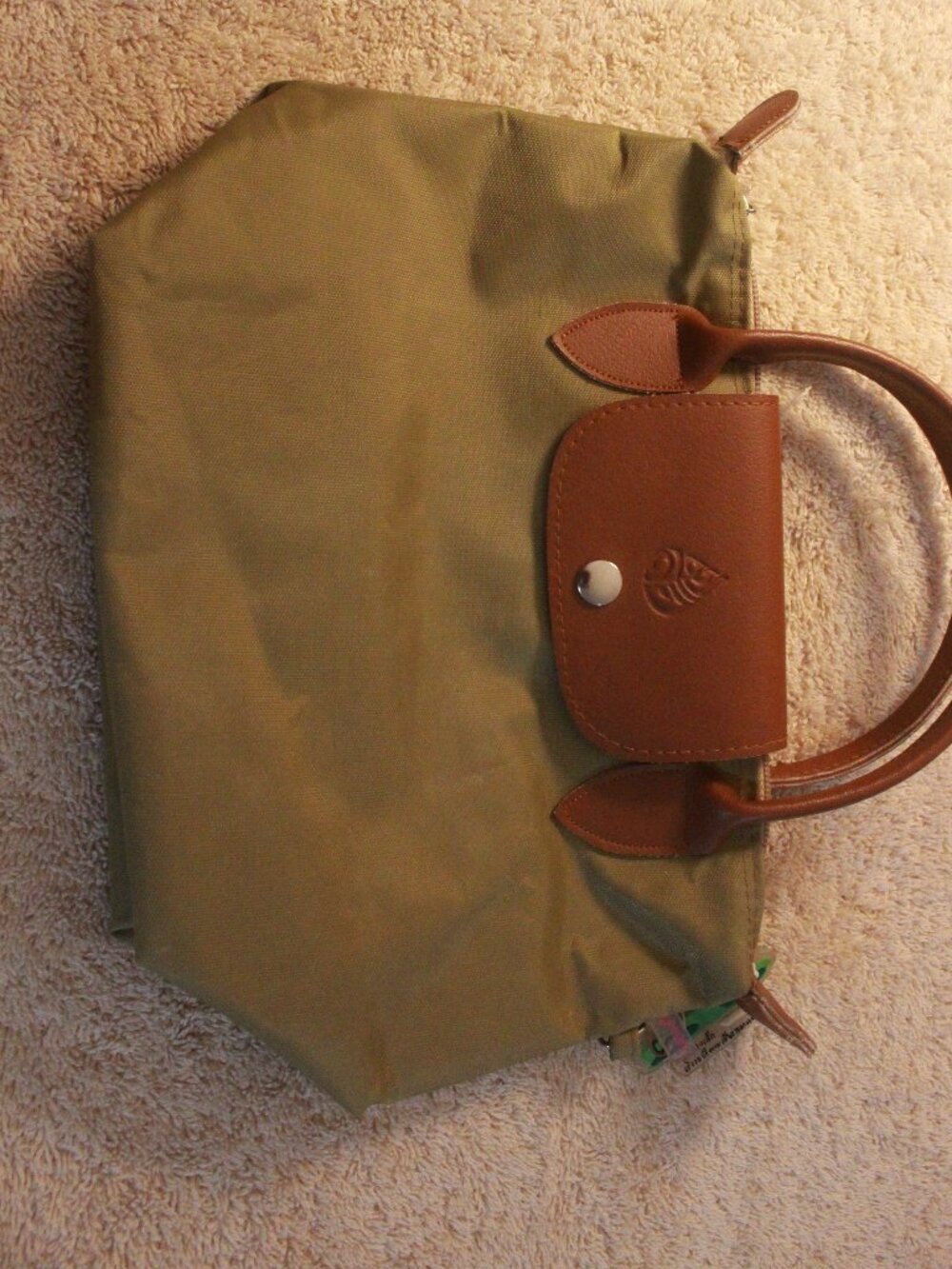 Olive Green Zip Tote with Brown Handles & Snap Flap